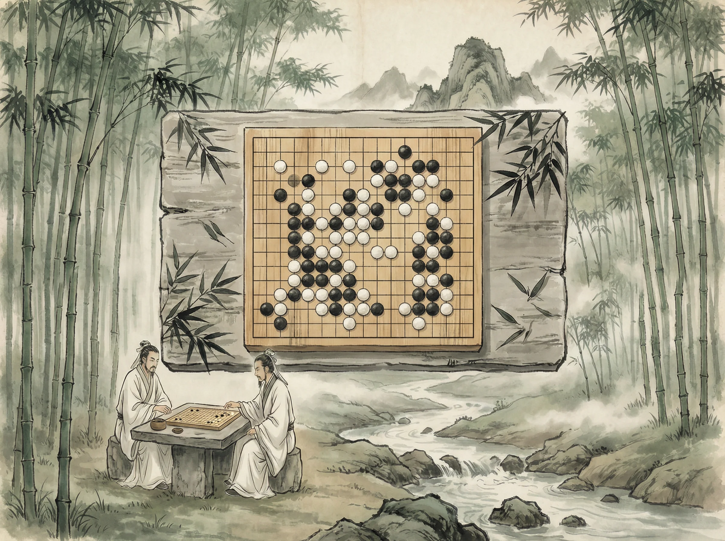 竹林悟道局 问鼎棋牌 棋盘布局，黑白子对峙