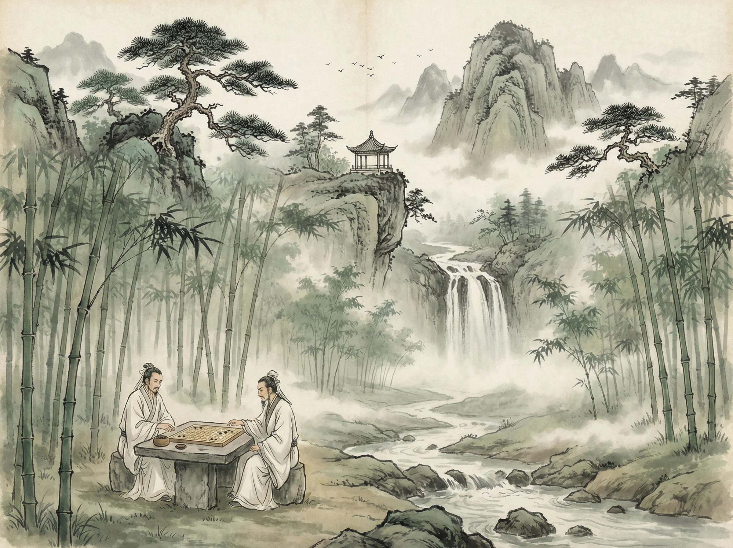 水墨山水画，松亭瀑布，问鼎棋牌 意境延伸