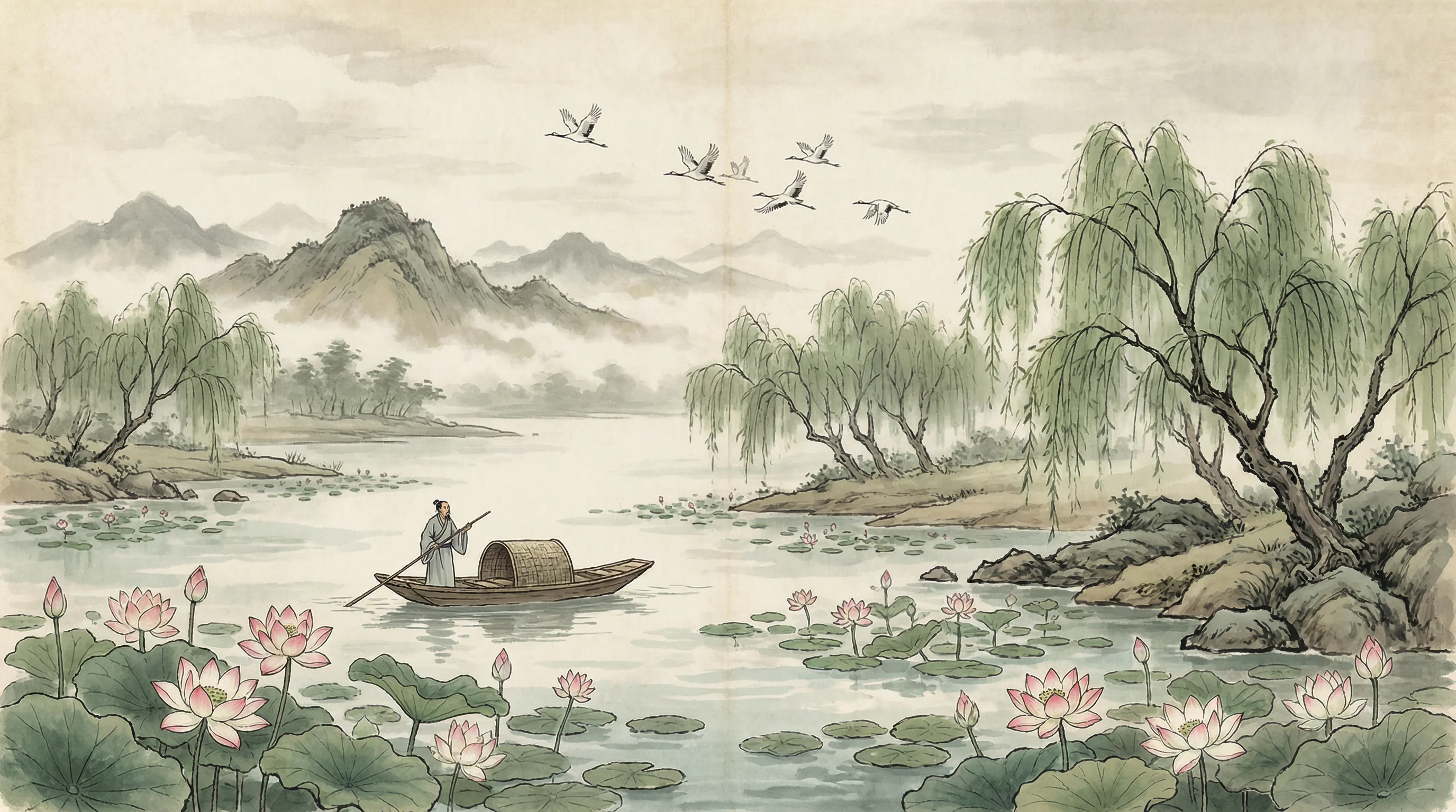 荷塘泛舟水墨画，与 问鼎棋牌 禅意相映