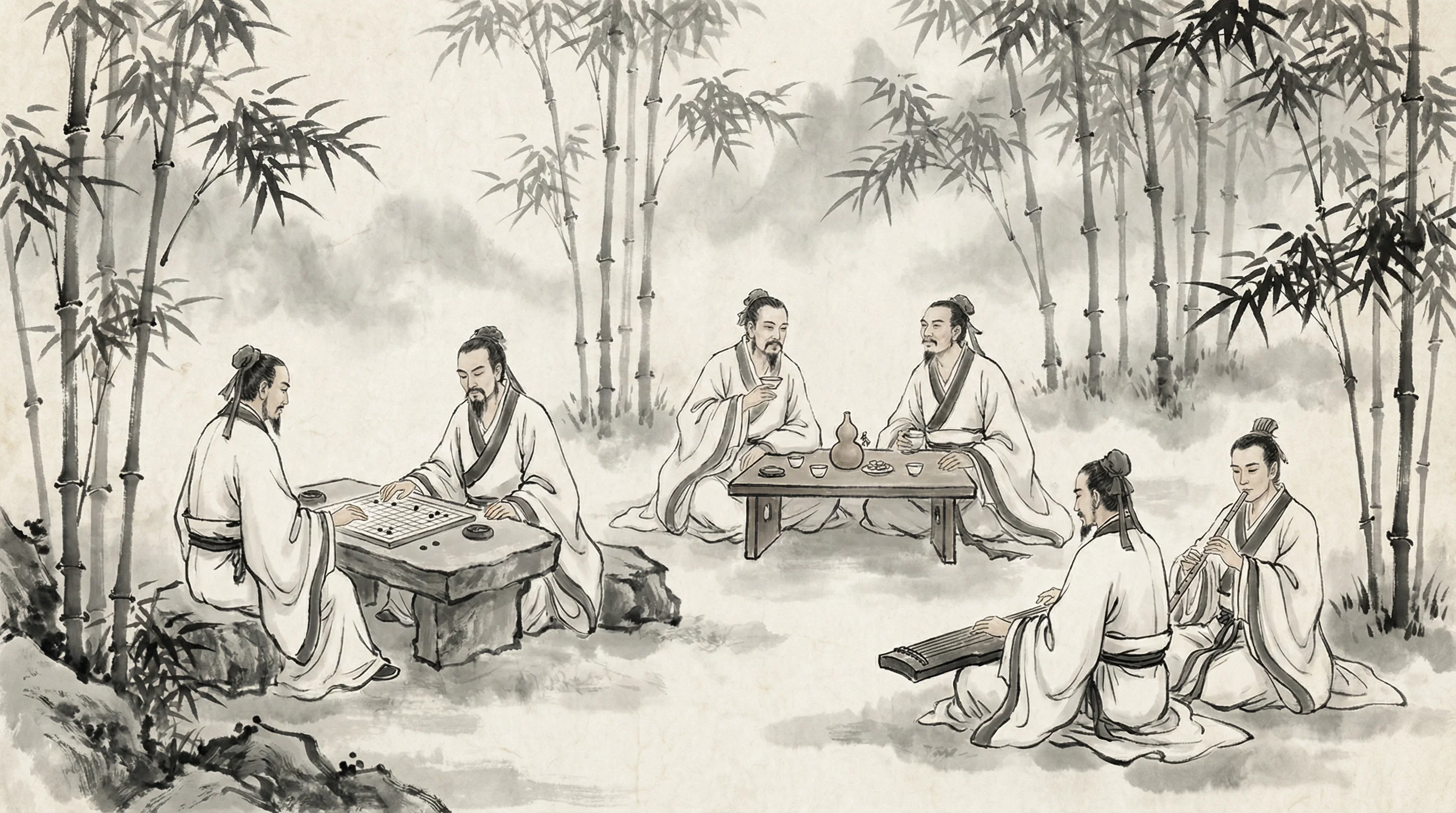 竹林七贤水墨画，隐士以棋会友，共参 问鼎棋牌 之道