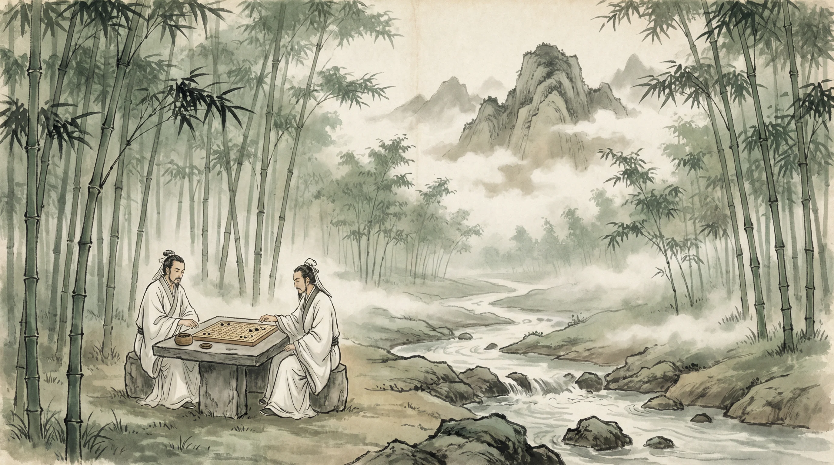 竹林对弈山水画，问鼎棋牌 棋道风景